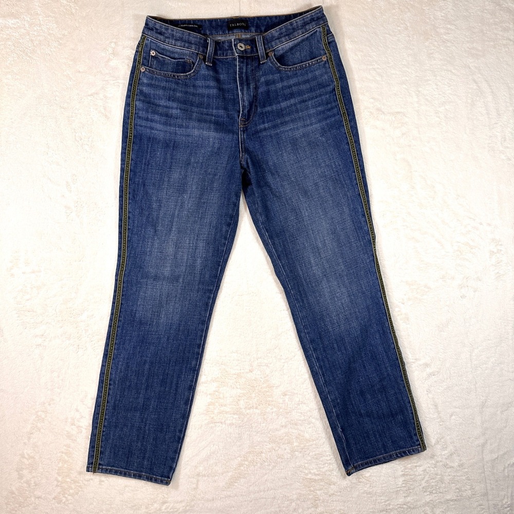 Talbots Modern Ankle Jeans Dark Wash Green Velvet Trim Women's Size 6